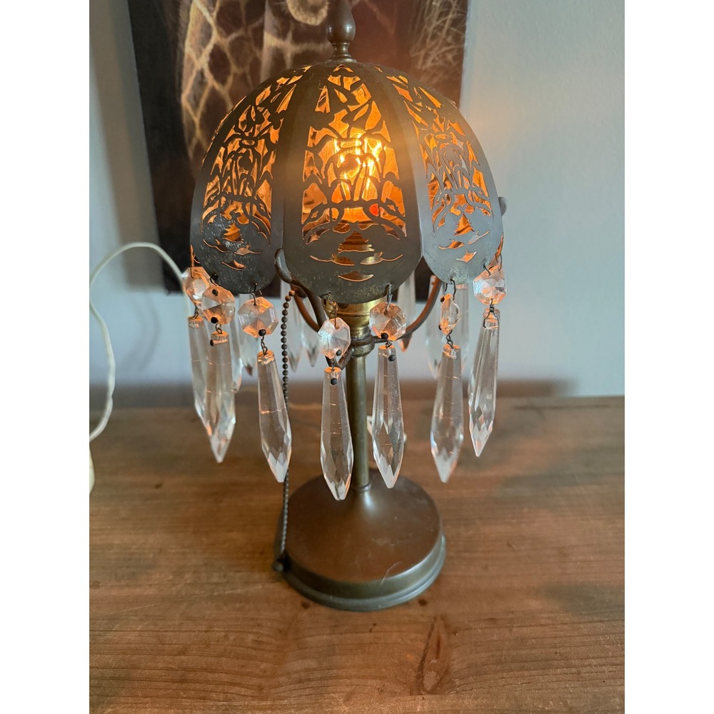 Vintage Brass Filigree Table Lamp with Crystal Prisms Accent Light Pull Chain